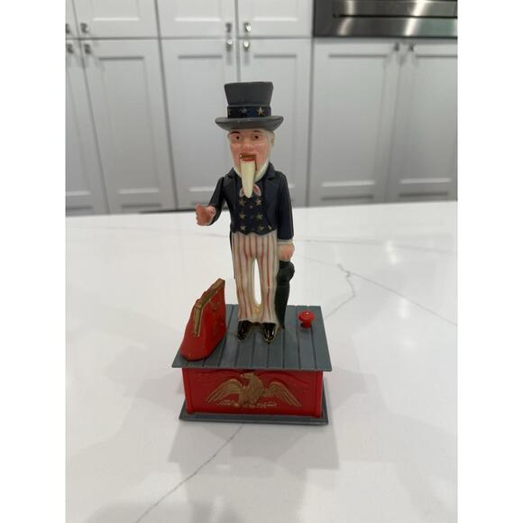Vintage 1975 Uncle Sam 8.5” Mechanical Coin Piggy Bank Plastic GOOD WORKS - Picture 1 of 9